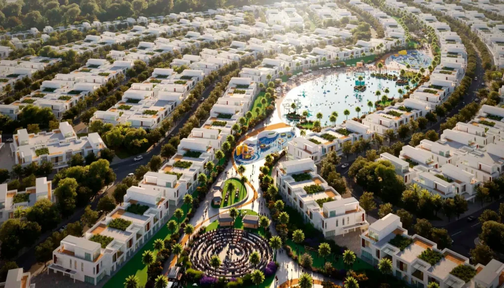 Master-planned villa community with lagoon and green parks representing sustainable Dubai investment properties.