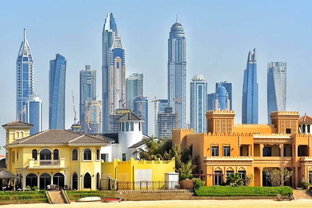 Dubai residential villas with city skyline highlighting premium neighborhoods ideal for Dubai investment properties.