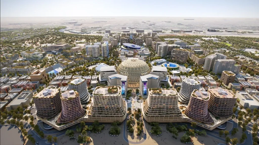 Expo City Dubai skyline with Al Wasl Dome and surrounding residential developments promoted during Dubai Property Expo Perth.