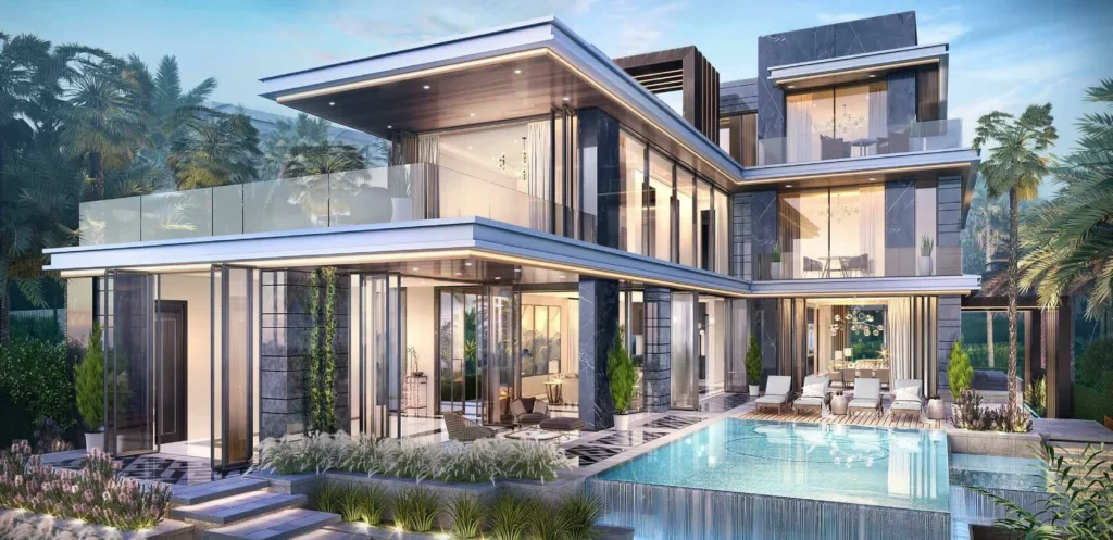 Luxury modern villa with glass architecture and private swimming pool representing premium homes promoted at Dubai Property Expo Perth.