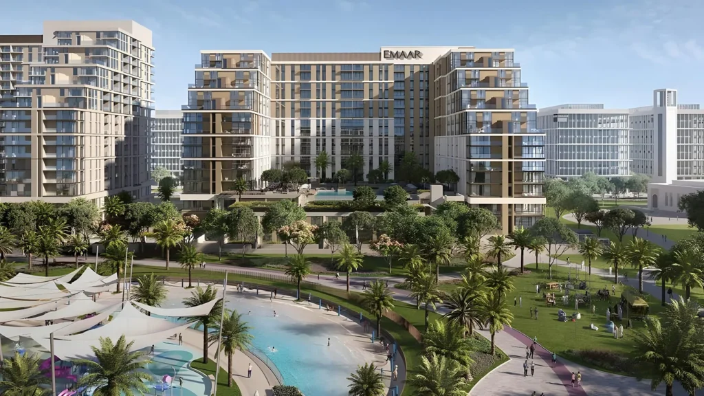 Emaar residential development with waterfront lagoon and green spaces representing modern Dubai investment properties.